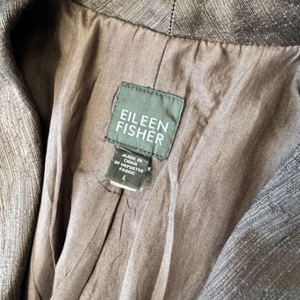 EILEEN FISHER Silk Blend Brown Metallic Open Front Crepe Blazer Jacket Sz L - Picture 7 of 12